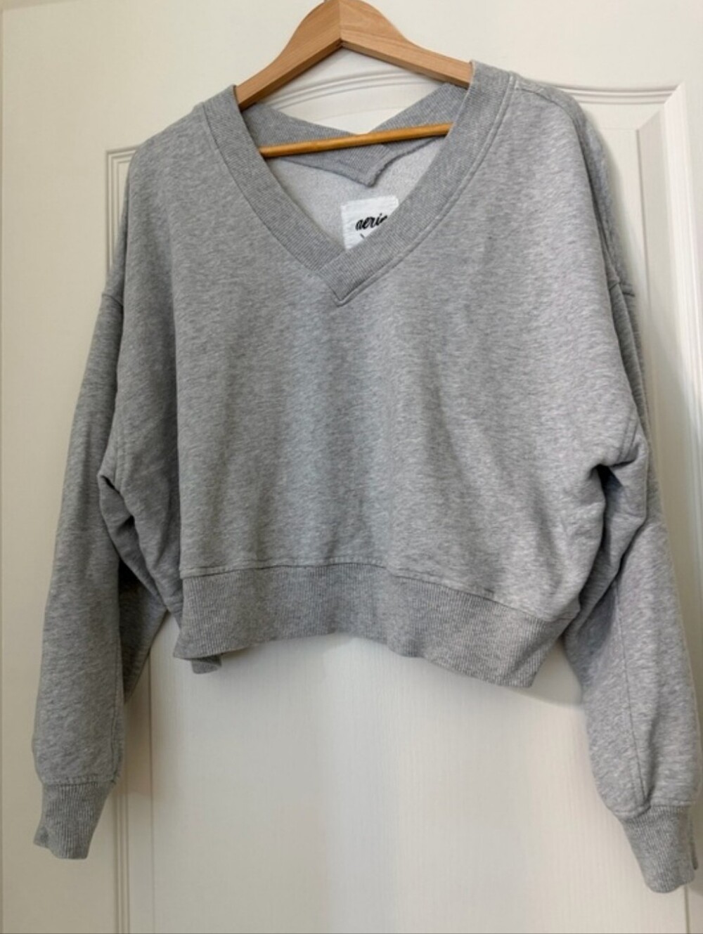 aerie Heather Gray VNeck Cropped Dropped Shoulder Sweatshirt Gorpcore Granola